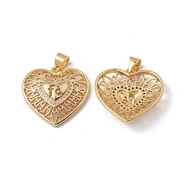Rack Plating Brass Pendants, with Cubic Zirconia, Hollow Heart with Word fe Charm, Cadmium Free & Lead Free, Long-Lasting Plated