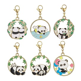 Round Ring with Panda Alloy Enamel Pendant Decorations, with 304 Stainless Steel Lobster Claw Clasps