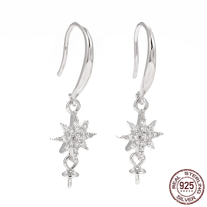 925 Sterling Silver Earring Hooks, with Clear Cubic Zirconia, Star, for Half Drilled Beads