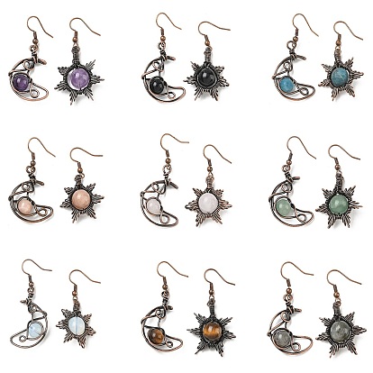 Природные и синтетические Gemstone мотаться, с латунной фурнитурой , луна/солнце, асимметричные серьги, Красная медь