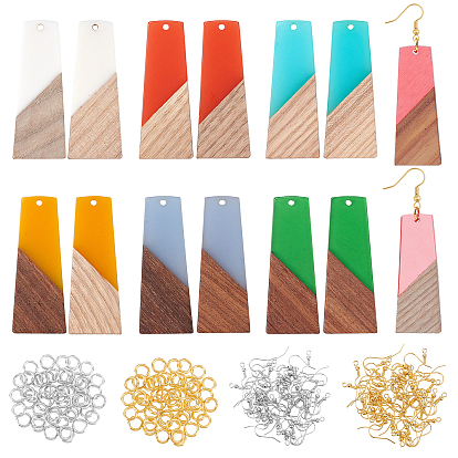 Kits de fabricación de pendientes colgantes de bricolaje, incluyendo 14 piezas 7 colores resina y colgantes de madera de nogal, 28 piezas 2 colores ganchos de latón para pendientes y 28 piezas 2 anillos de salto de colores, trapezoide