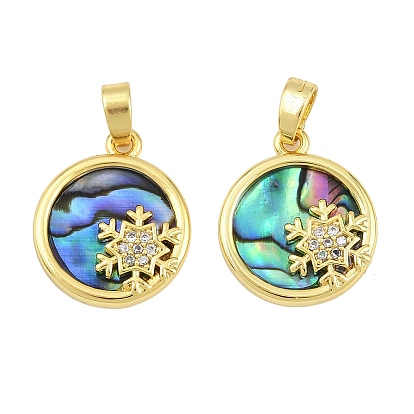 Природные пауа оболочки подвески, плоский круг с подвесками в виде снежинок, с латунными микропаве из прозрачных кубических цирконий и эмалью