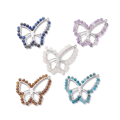 Natural Mixed Stone Beaded Wrapped Pendants, 304 Stainless Steel Butterfly Charms, Mixed Dyed and Undyed