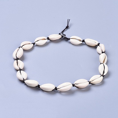 Cowrie Shell Beaded Necklaces, with Cowhide Leather Cord and 304 Stainless Steel Buttons