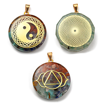 Gemstone Pendants, Flat Round/Polygon Charms with Golden Plated Alloy Slice