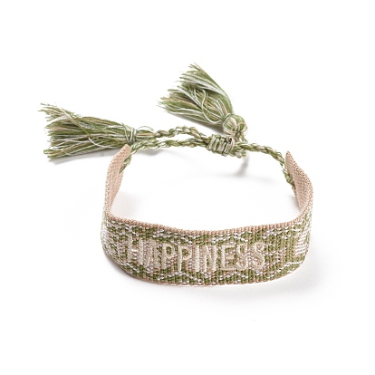 Word Happiness Polycotton(Polyester Cotton) Braided Bracelet with Tassel Charm, Flat Adjustable Wide Wristband for Couple