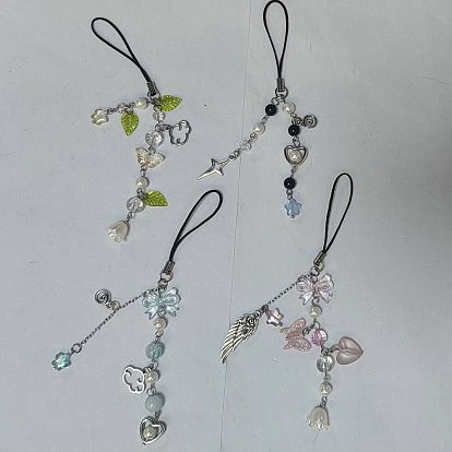 4 Correas para móvil de imitación de perlas de acrílico, vidrio, aleación y plástico ABS, Para adornos de cadena de teléfono