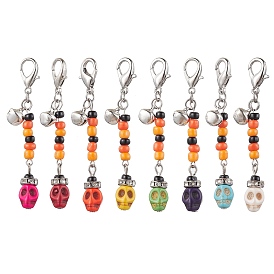 Halloween Skull Dyed Synthetic Turquoise Pendant Decorations, Glass Seed Beaded and Zinc Alloy Lobster Claw Clasps Charms