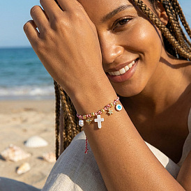 Регулируемые браслеты из латунных звеньев и подвесок., с жемчужным крестом и подвесками в виде звезды с сердечком.