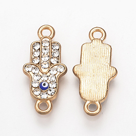 Alloy Rhinestone Links Connectors, Enamel Style, Hamsa Hand/Hand of Fatima/Hand of Miriam with Evil Eye, Blue