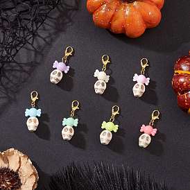 Подвесные украшения из искусственной бирюзы, окрашенные распылением, череп с конфетой, с акриловыми бусинами и застежками-карабами из цинкового сплава.