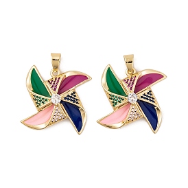 Brass Micro Pave Cubic Zirconia Pendants, with Enamel, Real 18K Gold Plated, Pinwheel Charms