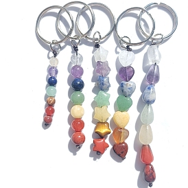 7 porte-clés chakra pierres précieuses, avec porte-clés en alliage couleur platine, motif rond/larme/coeur/étoile