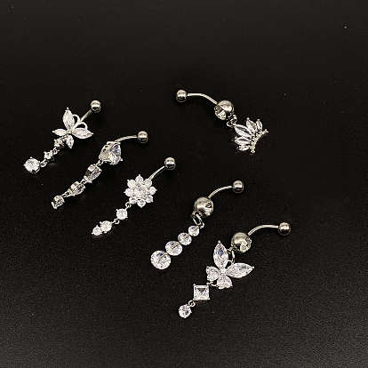 304 Кольца для пупка из нержавеющей стали с кристаллами и стразами, цвет нержавеющей стали