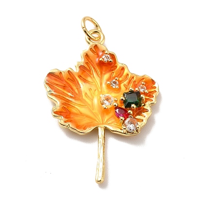 Autumn Theme Rack Plating Brass Micro Pave Cubic Zirconia Pendants, Cadmium Free & Lead Free & Nickle Free, with Enamel and Jump Ring, Real 18K Gold Plated, Maple Leaf