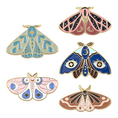 5Pcs 5 Style Alloy Enamel Brooches, Enamel Pin, with Butterfly Clutches, Butterfly, Golden