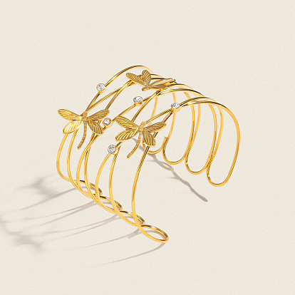 Полые браслеты-манжеты из нержавеющей стали с прозрачными кубическими циркониями для женщин., стрекоза