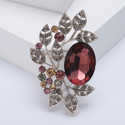 Alloy Brooches, Rhinestone Pin, Jewely for Women, Oval with Leaf
