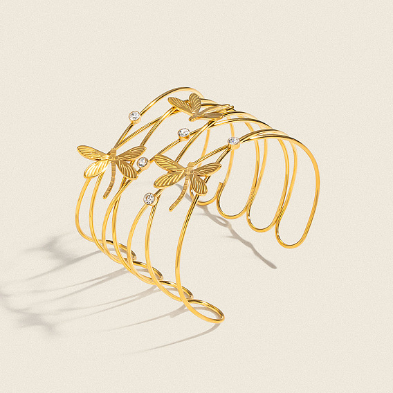 Полые браслеты-манжеты из нержавеющей стали с прозрачными кубическими циркониями для женщин., стрекоза