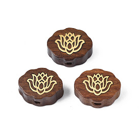 Perles en bois naturel non teintées, avec des tranches de laiton brut (non plaqué), forme de lotus