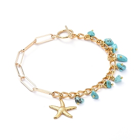 Iron Paperclip Chain Anklets, with Aluminum Curb Chains, Synthetic Turquoise Chips, 304 Stainless Steel Toggle Clasps, Starfish Pendants
