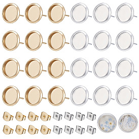 304/202 Stainless Steel Stud Earring Findings, with Cabochon Settings & 304/201 Stainless Steel Ear Nuts, Flat Round