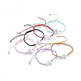 Adjustable Nylon Cord Braided Bracelets, with 201 Stainless Steel Links and Brass Round Beads, Flat Round with Tree