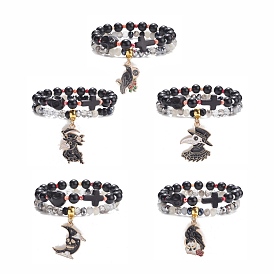 2Pcs 2 Style Halloween Alloy Enamel Charm Bracelets Set with Skull Cross, Natural Obsidian & Synthetic Turquoise(Dyed) Bracelet for Women