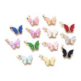 Brass Micro Pave Clear Cubic Zirconia Pendants, with Resin, Long-Lasting Plated, Butterfly Shape, Golden