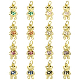 16Pcs 8 Colors Brass Micro Pave Cubic Zirconia Pendants, Long-Lasting Plated, Real 18K Gold Plated, Cadmium Free & Lead Free, Bear