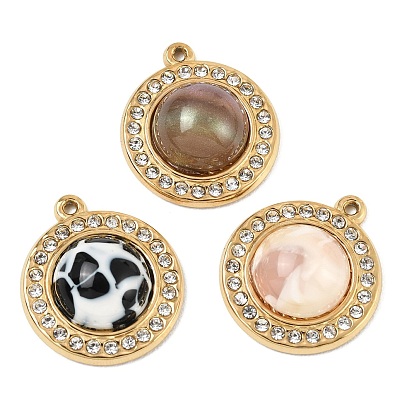 304 Stainless Steel Acrylic Pendants, Round Charms, with Rhinestone, Ion Plating(IP), Real 18K Gold Plated