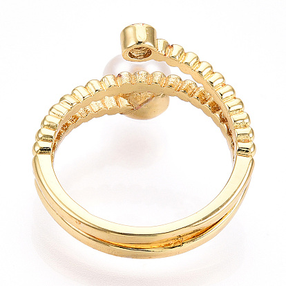 Natural Pearl Double Lines Finger Ring with Rhinestone, Brass Finger Rings for Women