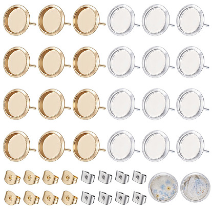 304/202 Stainless Steel Stud Earring Findings, with Cabochon Settings & 304/201 Stainless Steel Ear Nuts, Flat Round