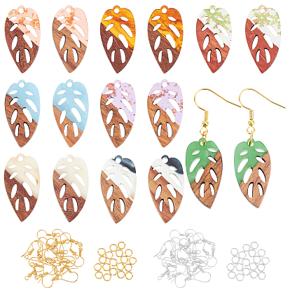 DIY Earring Making Kit, Including Leaf Resin & Walnut Wood Pendants, Iron Earring Hooks & Open Jump Rings