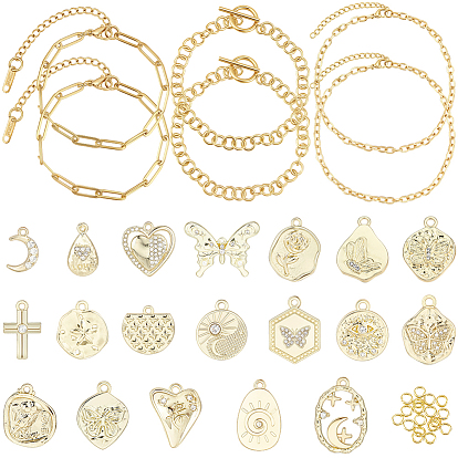 Наборы браслетов своими руками, В комплект входят: 6 шт. 3 модели 304 браслеты из нержавеющей стали, 20 шт кольца прыжок железа, 19шт 19 стили подвески из сплава с гальванопокрытием, с кристально горный хрусталь