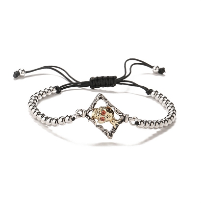 Brass Micro Pave Cubic Zirconia Skull Link Bracelet, Adjustable Bracelet with Braided Bead Chains