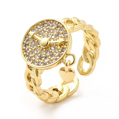 Clear Cubic Zirconia Watch with Heart Charm Open Cuff Ring, Brass Jewelry for Women