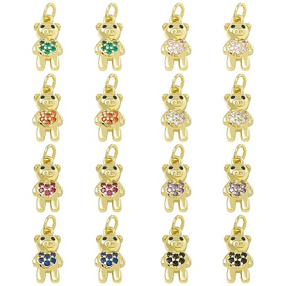 16Pcs 8 Colors Brass Micro Pave Cubic Zirconia Pendants, Long-Lasting Plated, Real 18K Gold Plated, Cadmium Free & Lead Free, Bear