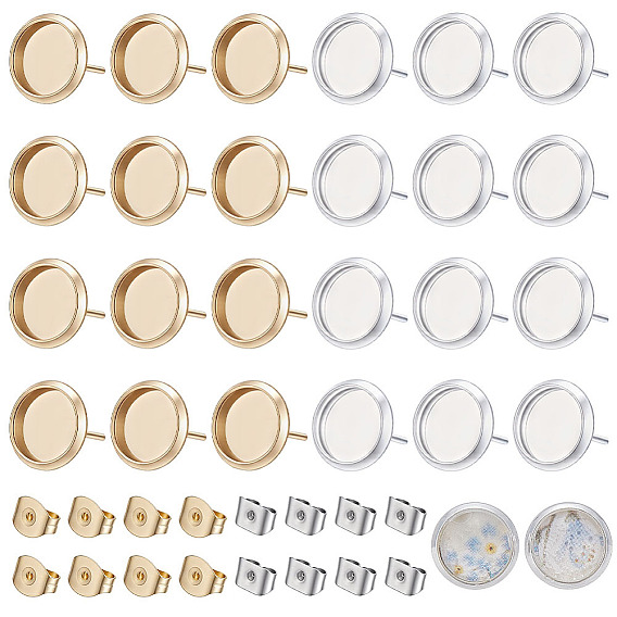 304/202 Stainless Steel Stud Earring Findings, with Cabochon Settings & 304/201 Stainless Steel Ear Nuts, Flat Round