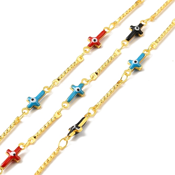 Handmade Brass Enamel Cross with Evil Eye & Bar Link Chains, Long-Lasting Plated, Soldered, with Spool