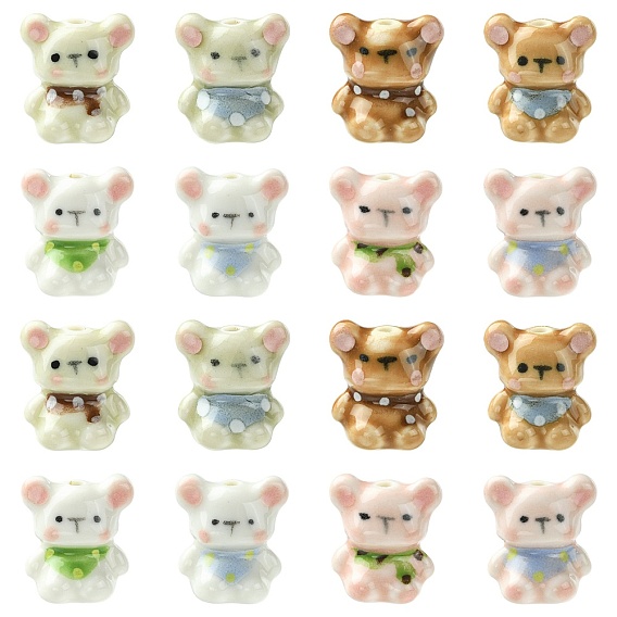 16Pcs 8 Colors Handmade Porcelain Beads, Bear, Famille Rose Porcelain