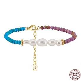 Dyed Natural Turquoise & Lepidolite & Pearl Beaded Bracelet, with 925 Sterling Silver Clasps
