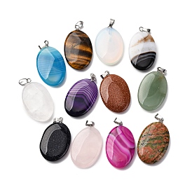 Cmешанные подвески драгоценных камней, плоские овальные подвески платинового тона 201 защелкивающиеся дужки из нержавеющей стали, смешанные окрашенные и неокрашенные