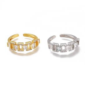 Brass Micro Pave Clear Cubic Zirconia Cuff Rings, Open Rings, Long-Lasting Plated, Rectangle