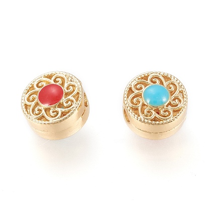 Brass Beads, with Enamel, Flat Round with Flower, Red & Turquoise