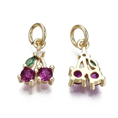 Brass Micro Pave Green & Purple Cubic Zirconia Charms, with Jump Rings, Cadmium Free & Nickel Free & Lead Free, Cherry