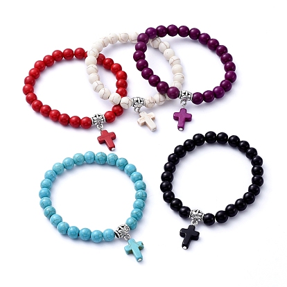 Stretch Charm Bracelets, with Synthetic Turquoise(Dyed) Beads, Tibetan Style Alloy Tube Bails, Cross