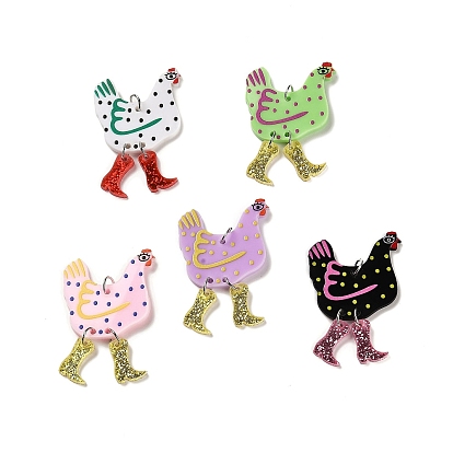 10pcs 5 couleurs grands pendentifs en acrylique imprimé opaque, avec anneau de saut en fer platine, charms poule avec des bottes à paillettes