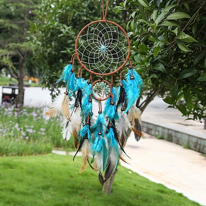 Древо жизни, плетеная паутина в два круга с украшениями из перьев, с натуральными зелеными авантюриновыми чипсами, настенное искусство подвесной декор спальни