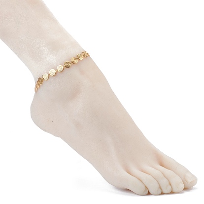 Brass Flat Round Link Chain Anklet, with 304 Stainless Steel Lobster Claw Clasps
